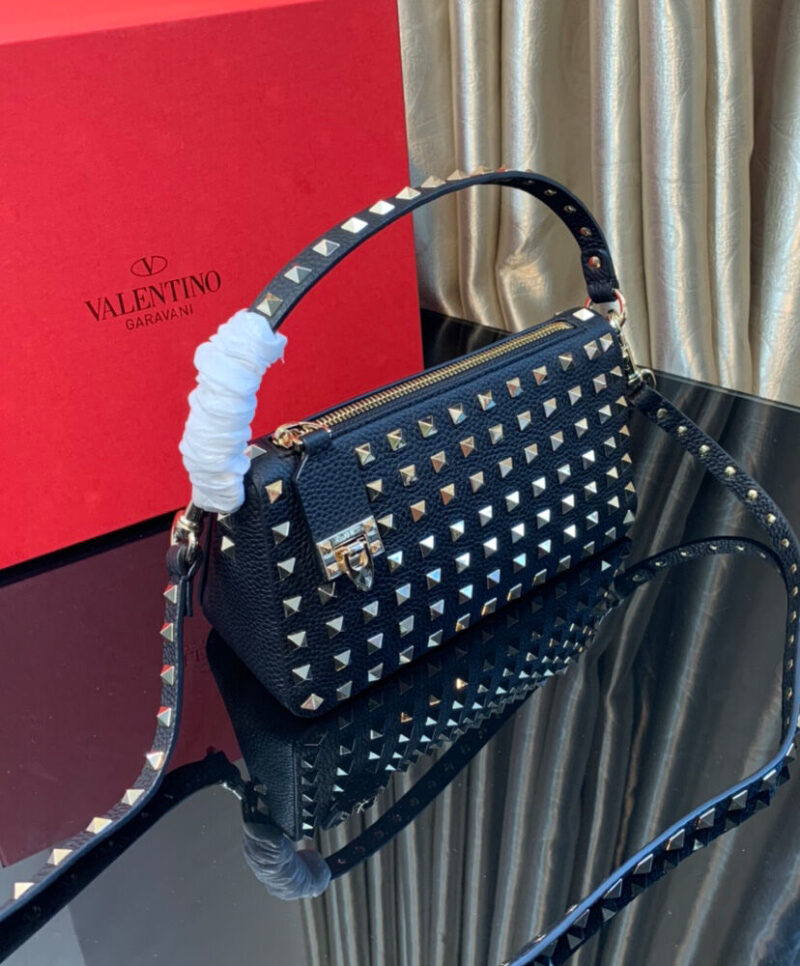 Valentino Small Rockstud Grainy Calfskin Crossbody Bag With All-Over Studs Black